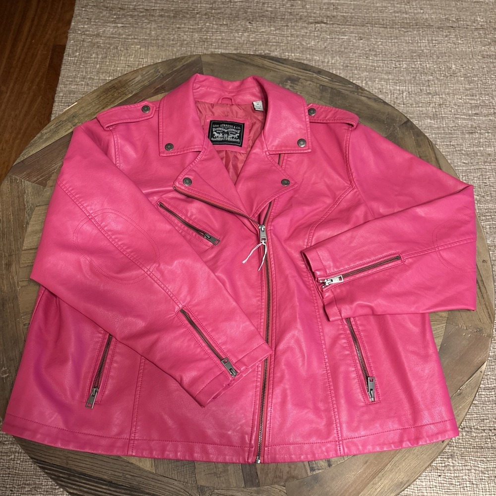 Woman LEVI'S Faux Leather Lined Classic Fit Moto Jacket 3X Hot Pink Biker Style